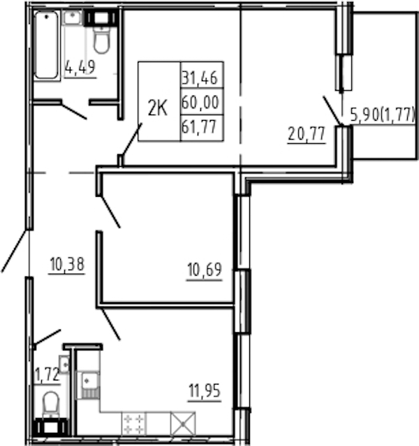 2-комнатная квартира 61.77 м², 2/5 эт., Комплекс апартаментов «Bereg. Курортный»